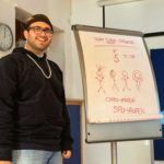 Ein Mitarbeiter steht vor einem Plakat zum Thema Teamstruktur
